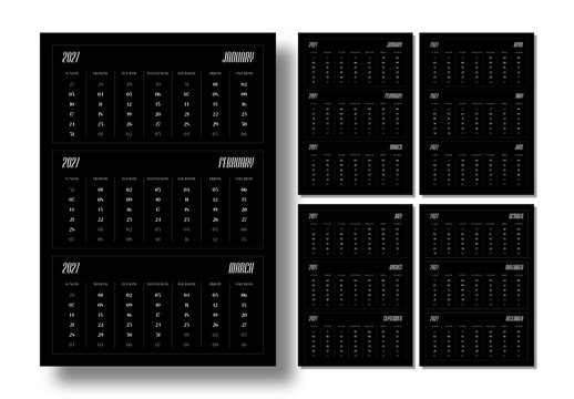 2027 Black Calendar Template with Minimal Monthly Planner Layout