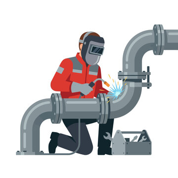 Professional welder wearing a protective mask and red workwear repairing an industrial metal pipe system with a welding torch and sparks, isolated on a white background with tools.