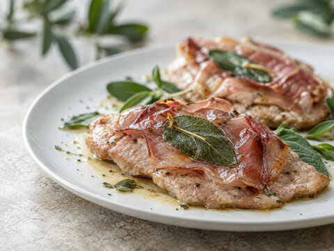 Appetitliche Nahaufnahme von traditionellem italienischen Saltimbocca alla Romana, bestehend aus zartem Kalbfleisch, Parmaschinken und frischem Salbei, serviert auf einem wei&szlig;en Teller.
