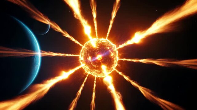 Explosive nuclear detonation with bright plasma burst and shockwaves in space with planet background