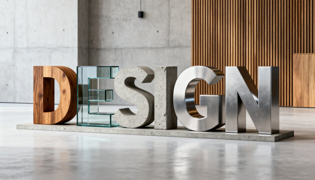 Design concept creative innovation and architecture branding with 3d letters made of wood glass concrete and metal in a modern office lobby interior