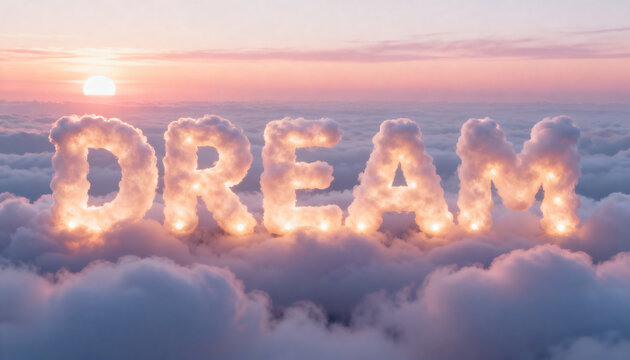 Dream concept inspiration and vision with glowing letters made of clouds floating above a sunset sky with soft light and peaceful atmosphere