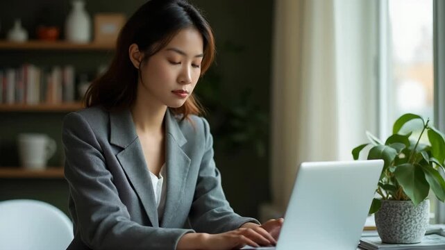Asian woman working laptop at office fashion editorial shot, high-fashion imagery, avant-garde aesthetics, editorial storytelling, conveying fashion trends and concepts, artistic inte.