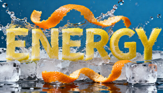 Energy and vitality concept word energy carved from fresh lemon slices with orange peel and water splashes on ice cubes for healthy lifestyle branding