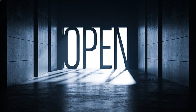Business reopening and economic recovery word open glowing in bright doorway of dark industrial warehouse new opportunities and growth Strategic vision and future progress corporate transformation