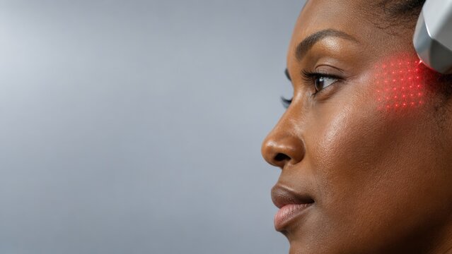 Close-up side portrait of thoughtful young woman with clear skin and focused expression indoors