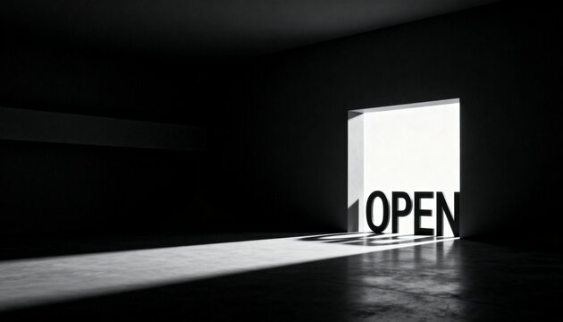 Opportunity and new beginnings open sign in bright doorway business growth and future potential in dark room with light streaming Minimalist