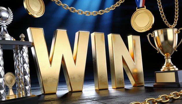 Success and achievement concept golden win text with sports trophies and medals for business victory competition excellence and leadership goals