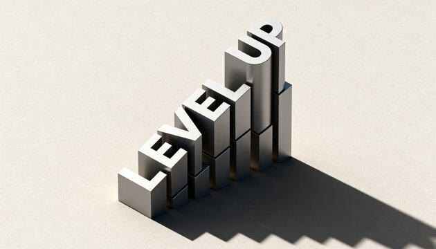 Level up personal growth and career advancement with 3d metallic text blocks forming a rising staircase on a neutral background Personal growth and career advancement
