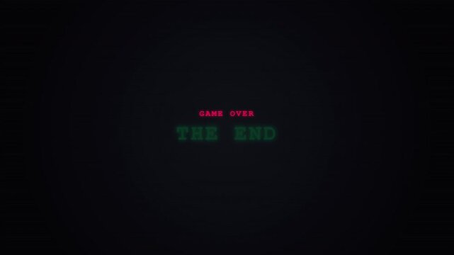 Retro arcade game over screen with pixelated green the end text flickering on a black background.