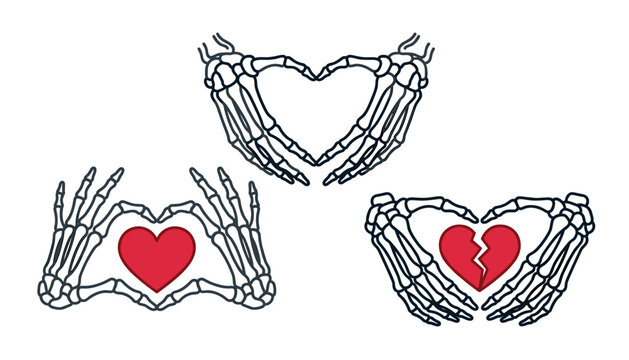 A gothic style skeleton hands heart sign vector illustration set. Red romantic and broken heart symbols, anatomical line art