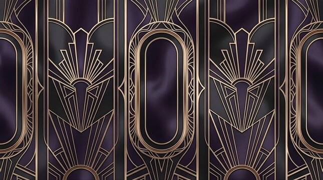 Art Deco wall background featuring geometric gold patterns on dark purple silk