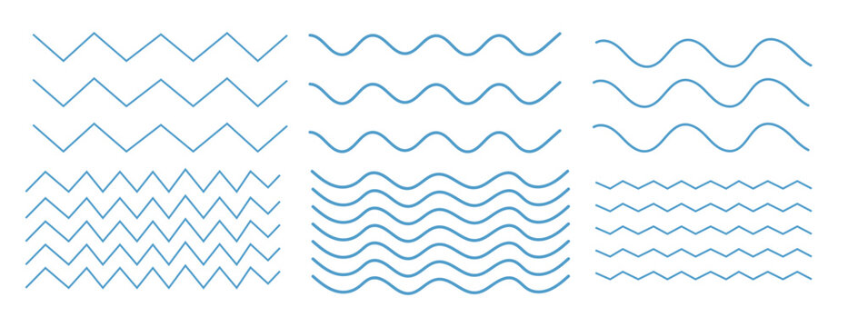 Blue zigzag and wavy line border pattern vector collection for decorative background stroke divider geometric graphic element design set. 