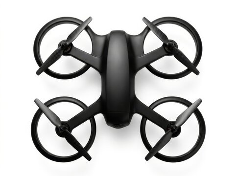 Top down view of a modern black quadcopter drone isolated on a white background