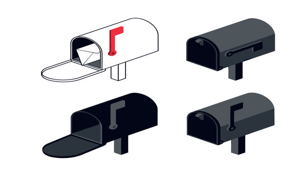 A collection of traditional residential mailbox vector icons. Open and closed containers, red indicator flags, incoming envelopes
