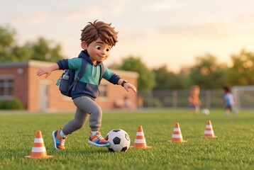 Obraz premium A young boy plays soccer on a grassy field after school. He dribbles a soccer ball around orange cones. Other children play soccer nearby