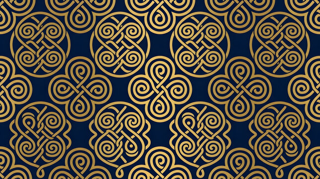 Gold celtic knot circular pattern on navy blue.