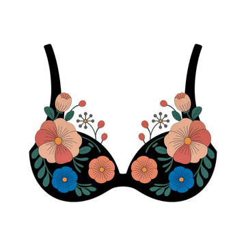 Colorful floral bra with lace trim and bow details isolated on transparent background