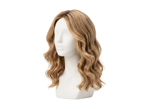 Medium-length wavy blonde hair wig showcased on a featureless white mannequin head display.