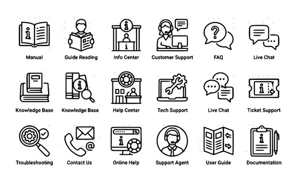 Customer Support and Information Help Line Icon Set Featuring Knowledge Base Live Chat Technical Services and Documentation