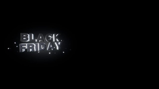 Black Friday metallic 3D typography with sharp chrome bevel highlights floating against an empty dark background with light particles