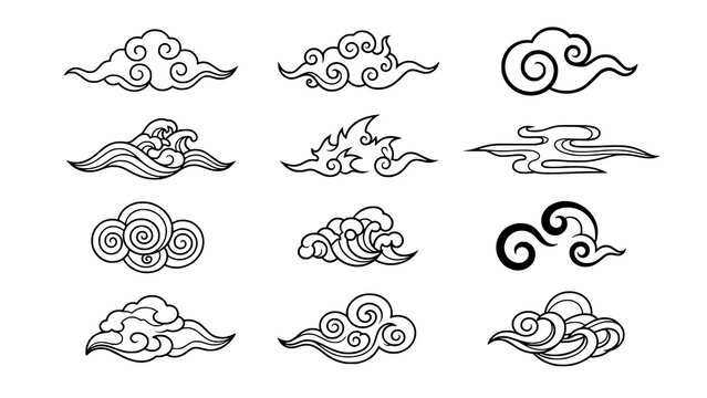 Japanese Suiun Floating Cloud Black and White Vector Pattern Grid