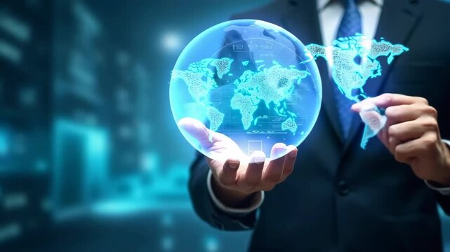 A businessman in a suit holding a holographic globe with digital world map. Futuristic technology, global network, and innovation in business and connectivity.