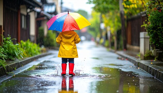 Child in Yellow Raincoat and Red Rain Boots with Colorful Umbrella on Rainy Japanese Street