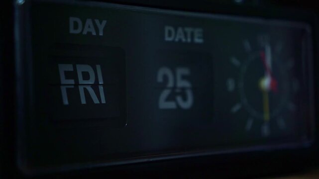 retro desk clock ticking in dark room, second hand moving, vintage flip display and time concept.