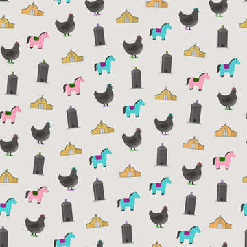 Cartoon farm animals and buildings seamless pattern