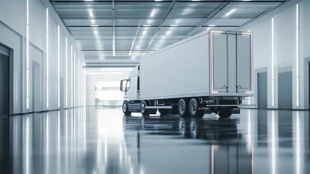 White delivery vehicle in spacious industrial warehouse interior bright lights cargo logistics shipping distribution freight transportation commercial service efficient supply chain workflow process