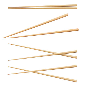Set of wooden chopsticks in four different arrangements, isolated on transparent cutout background