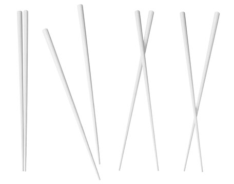Set of white chopsticks in four vertical arrangements, isolated on transparent cutout background