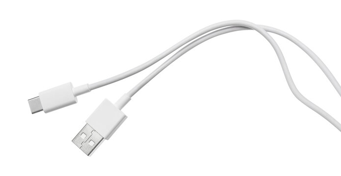 White USB-A to USB-C charging cable with connectors, isolated on transparent cutout background