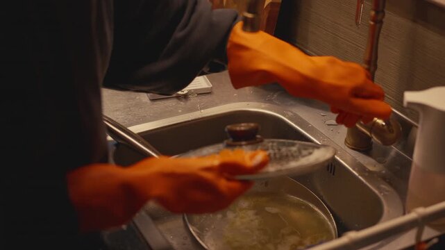 Close-up of person in orange rubber gloves washing a glass pan lid with a soapy sponge, turning on the water faucet, and rinsing foam in a kitchen sink. A daily routine to keep the kitchen clean.