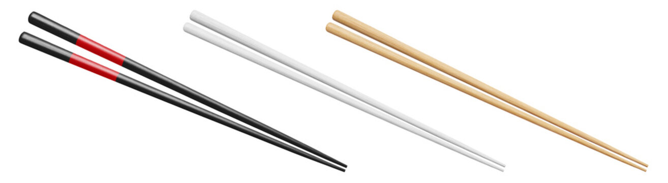 Set of three pairs of Asian chopsticks in different colors, isolated on transparent cutout background