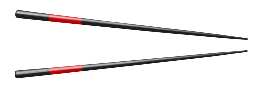 Pair of black and red Asian chopsticks spread apart, isolated on transparent cutout background