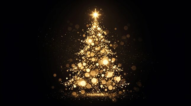 Glowing abstract christmas tree shape formed by golden bokeh light with abstract