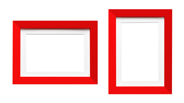 Red portrait and landscape picture frames for mockup, isolated on transparent cutout background