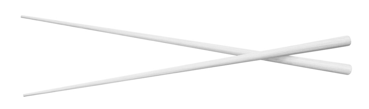 Pair of white chopsticks crossed in X shape, isolated on transparent cutout background