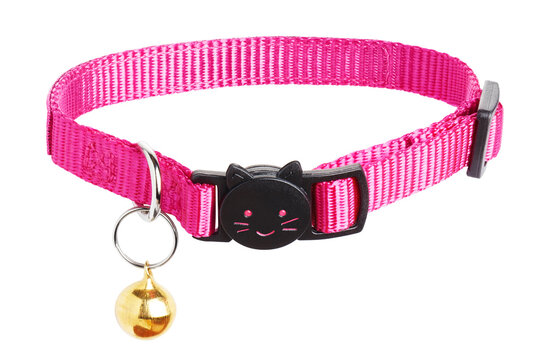 Pink cat collar with bell and safety buckle, isolated on transparent cutout background