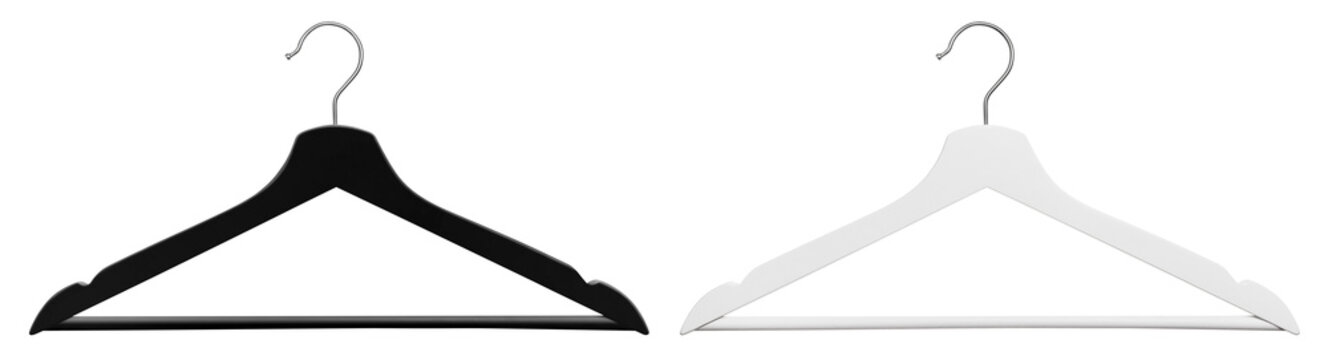 Set of black and white clothes hangers with metal hooks, isolated on transparent cutout background