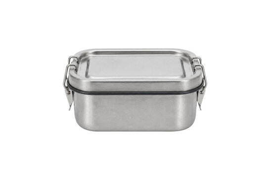 Sleek stainless steel lunch box with a secure lid and side clasps, captured on a clean white background
