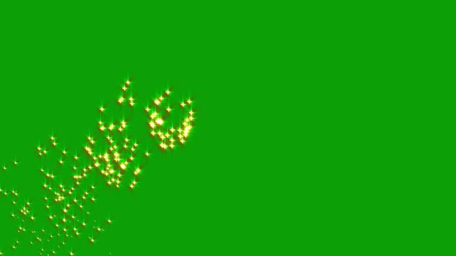 Golden glowing light sparks with glitter particles, magic shimmer, sparkling line transition, bright bokeh and twinkle star effects on a green screen background, abstract 4K animation...