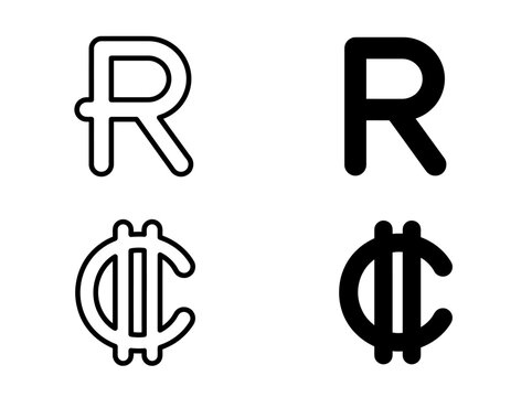 Set of r and cent currency symbol icons in outline and solid styles
