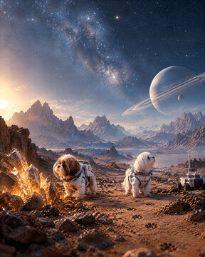 Two cute astronaut dogs exploring a rocky alien planet surface looking at a giant crescent moon and colorful nebula in outer space, perfect vertical wallpaper for mobile