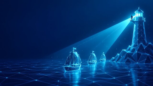 Digital glowing lighthouse guiding ships through dark sea for boss's day with business strategy corporate leadership business beacon navigating success strategic vision. boss's day