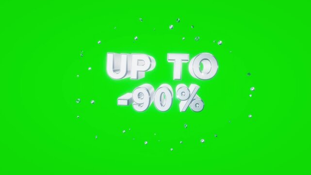 Chrome text showing up to minus ninety percent illuminated with bright rim light amidst floating elements isolated on a chroma key green screen background