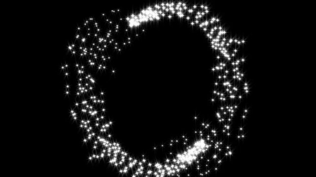 Magic light curve trail with white glowing fairy sparkles, glitter stars, shimmering bokeh particles and smooth sparkle burst effects on a black screen background, magical 4K animation.