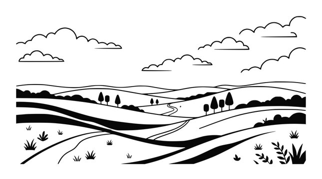 Stylized Rolling Hills Landscape with Winding Path and Clouds - Black and White Line Art